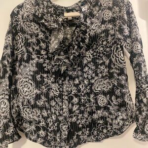 LOFT Black and White Ruffled Tie Front Blouse